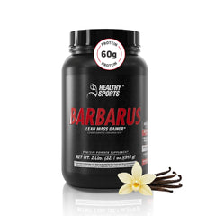 Barbarus vanilla protein powder tub highlights premium non-GMO formula for daily shakes