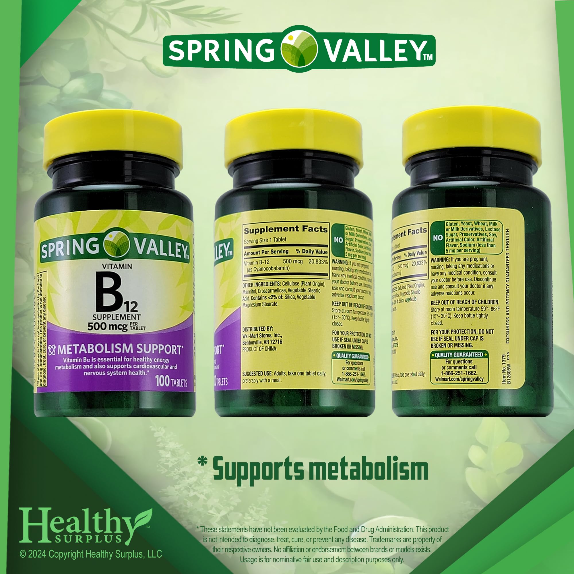Back of Healthy Surplus B12 bottle with dosage label for daily use.