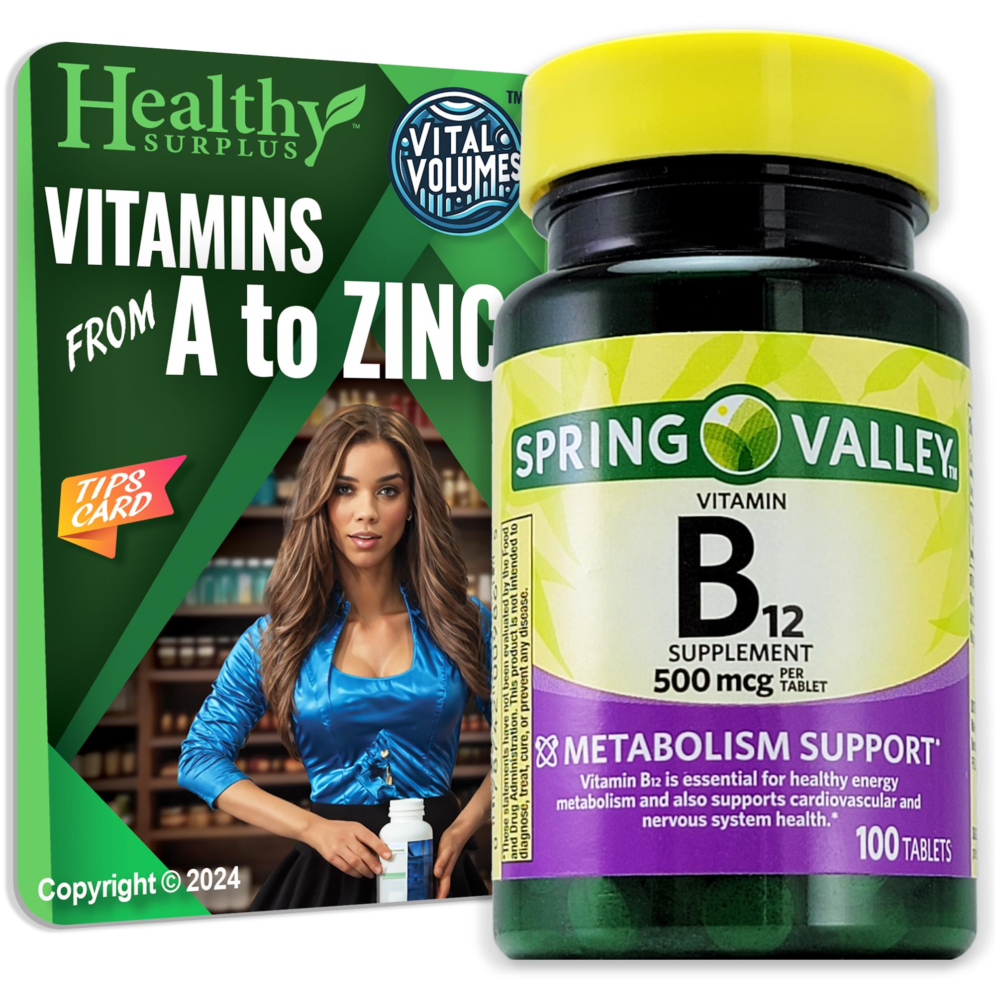 Healthy Surplus Vitamin B12 tablets in a bottle, 500 mcg per tablet.