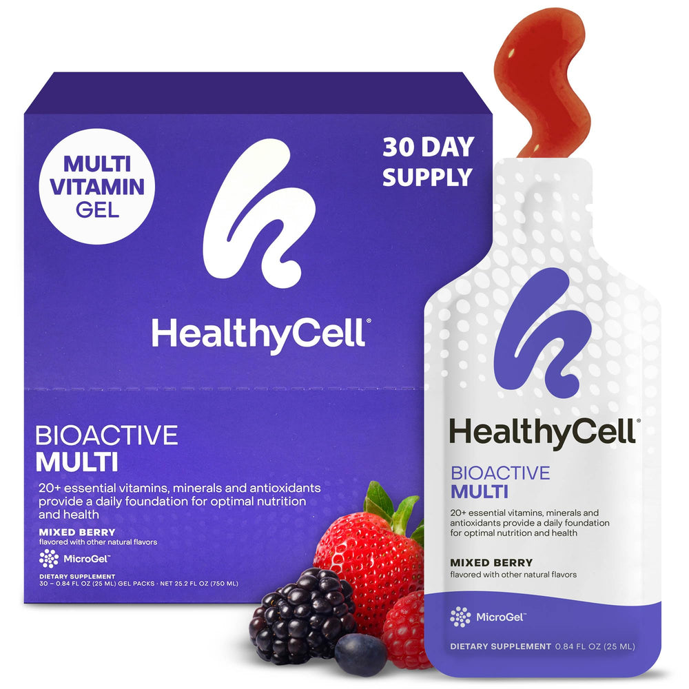 HealthyCell Bioactive Daily Liquid Multivitamin bottle and gel packs for easy daily nutrition.