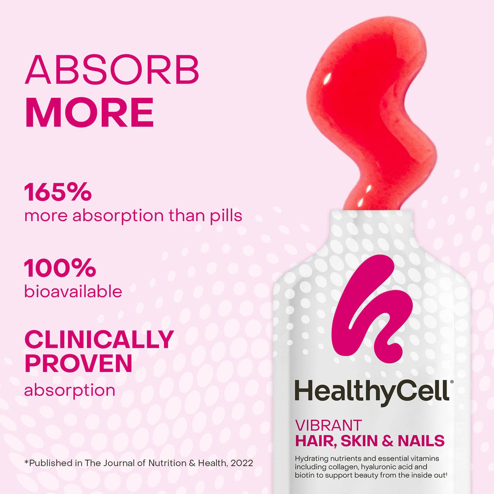 HealthyCell collagen biotin hyaluronic acid microgel highlighting premium hydration nutrients.