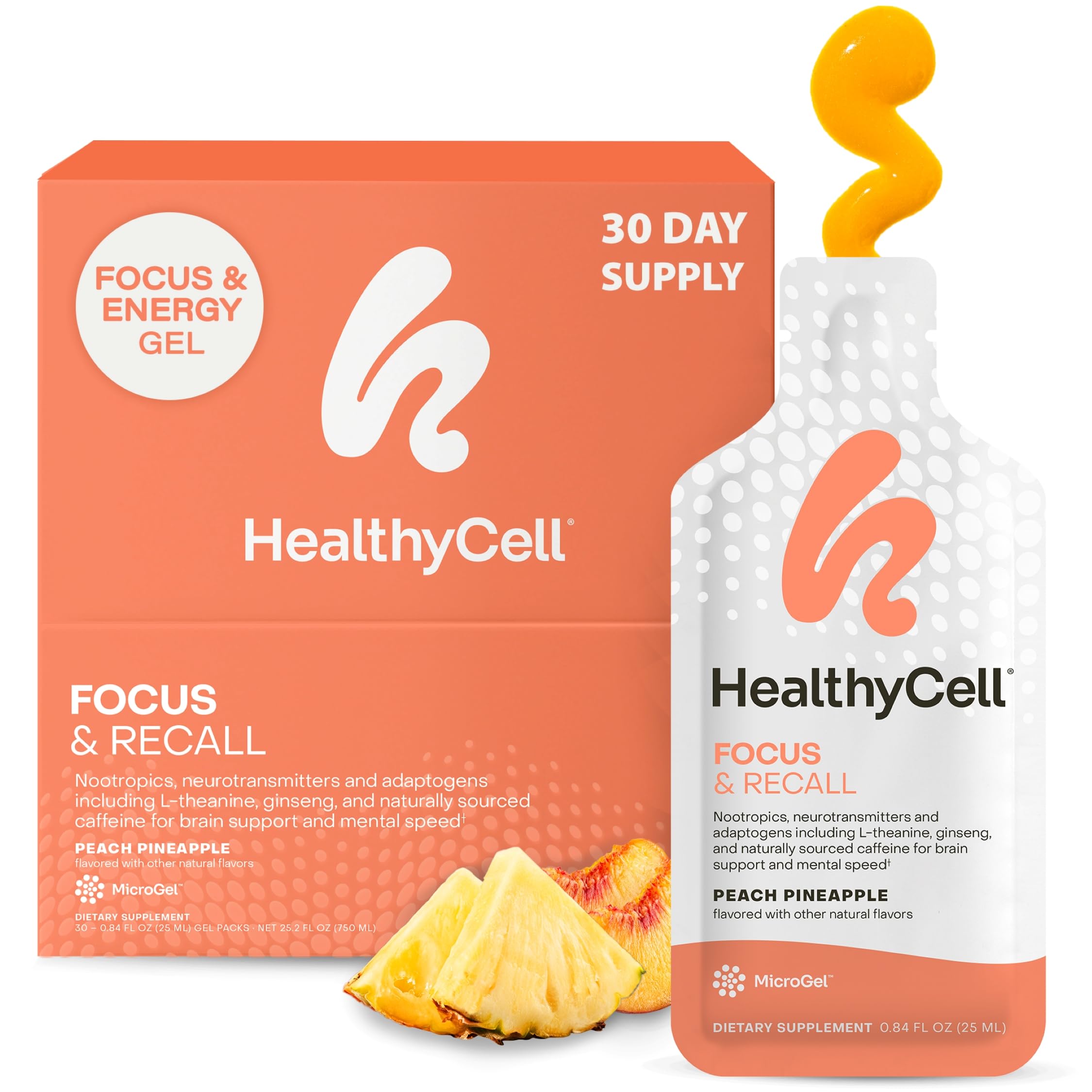 HealthyCell Focus & Recall microgel pack in peach-pineapple flavor for daily focus.