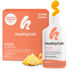 HealthyCell Focus & Recall microgel pack in peach-pineapple flavor for daily focus.