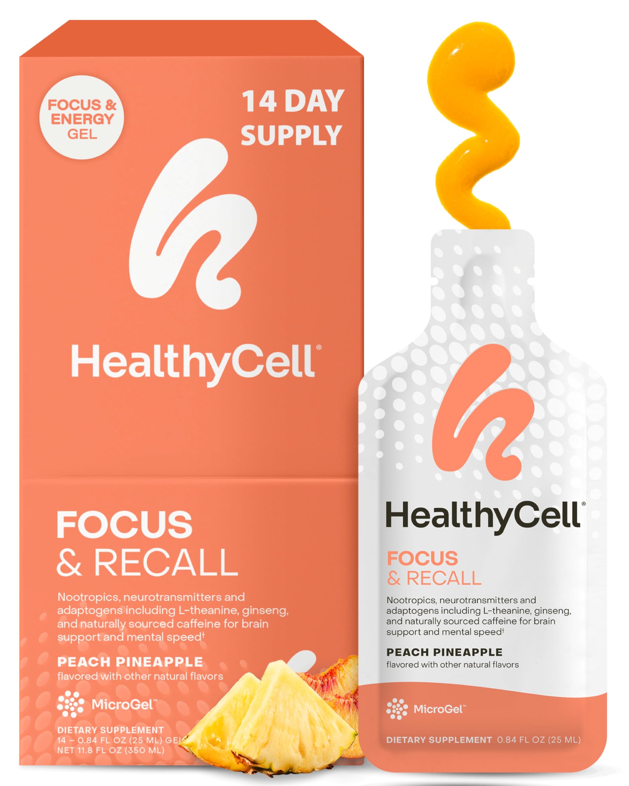 HealthyCell Focus & Recall microgel close-up showing ultra-absorbable formula for sharper focus