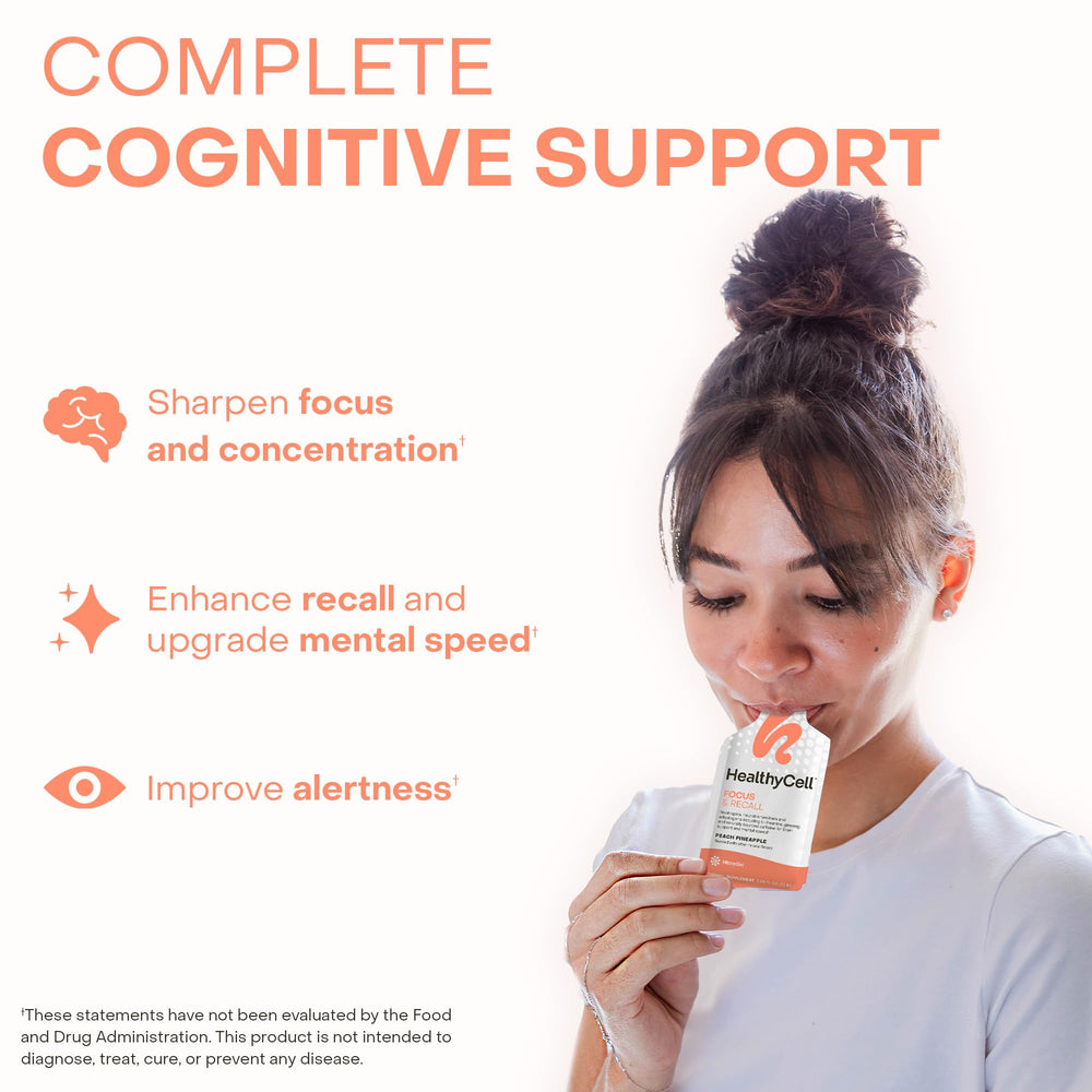 HealthyCell Focus & Recall gel pack opened, peach-pineapple flavor for on-the-go clarity.