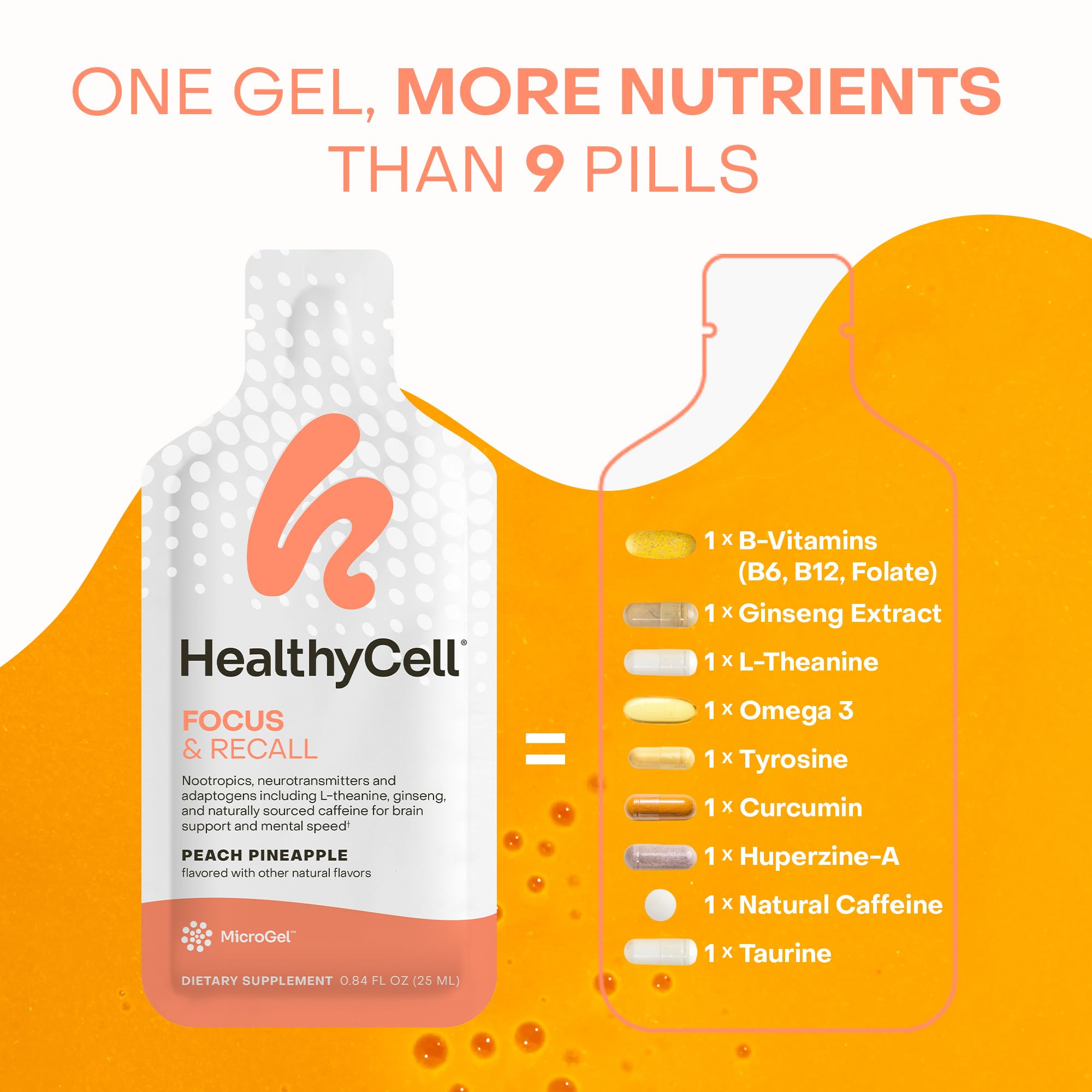 HealthyCell Focus & Recall packaging label shows vegan and non-GMO ingredients.
