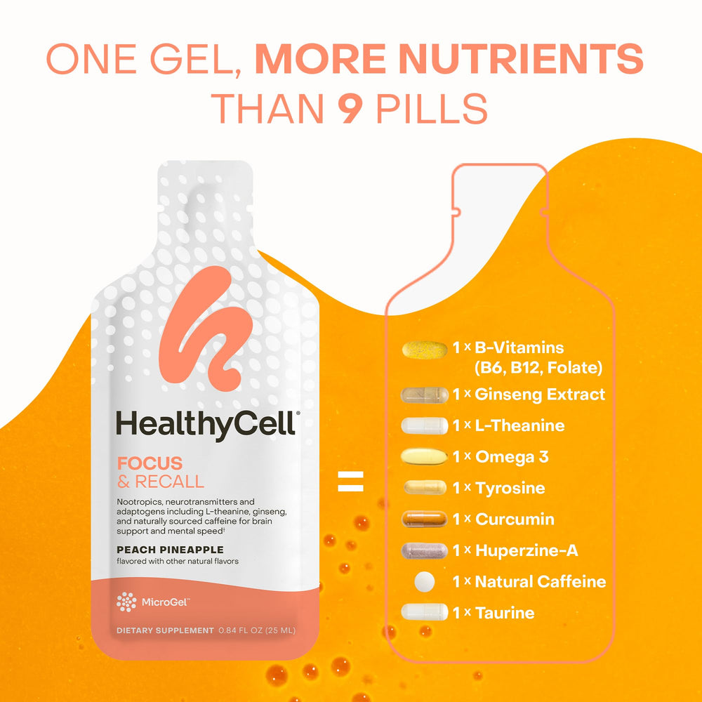 HealthyCell Focus & Recall packaging label shows vegan and non-GMO ingredients.