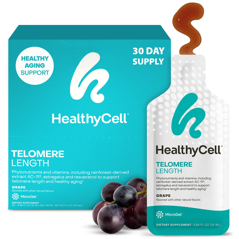 HealthyCell telomere-length supplement bottle showing grape flavor for daily cellular support.