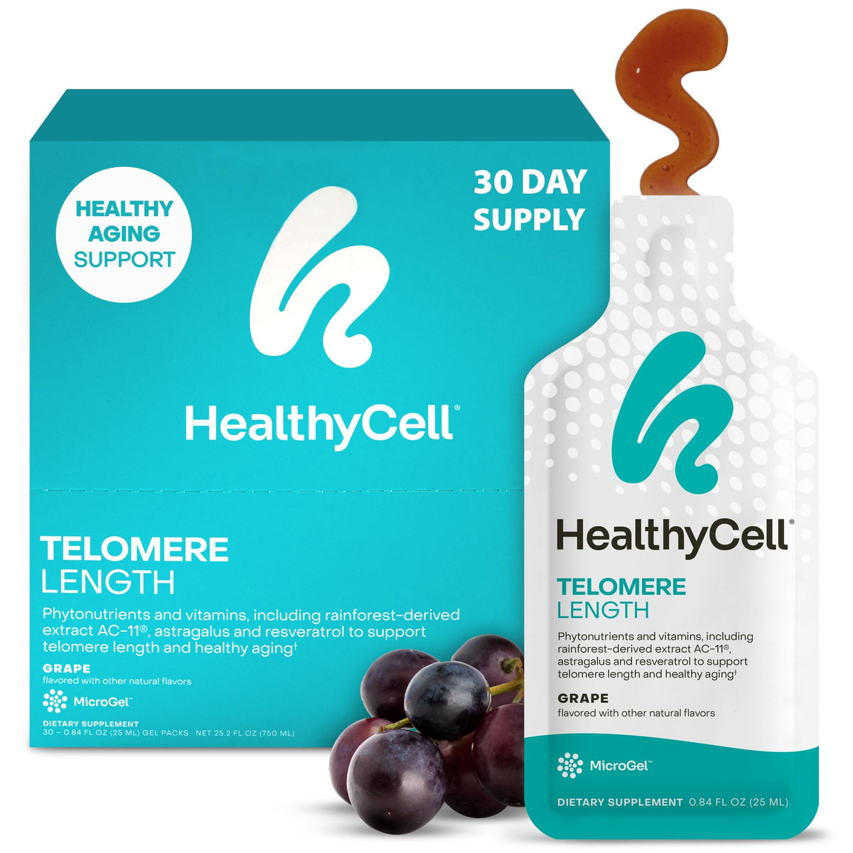 HealthyCell telomere-length supplement bottle showing grape flavor for daily cellular support.