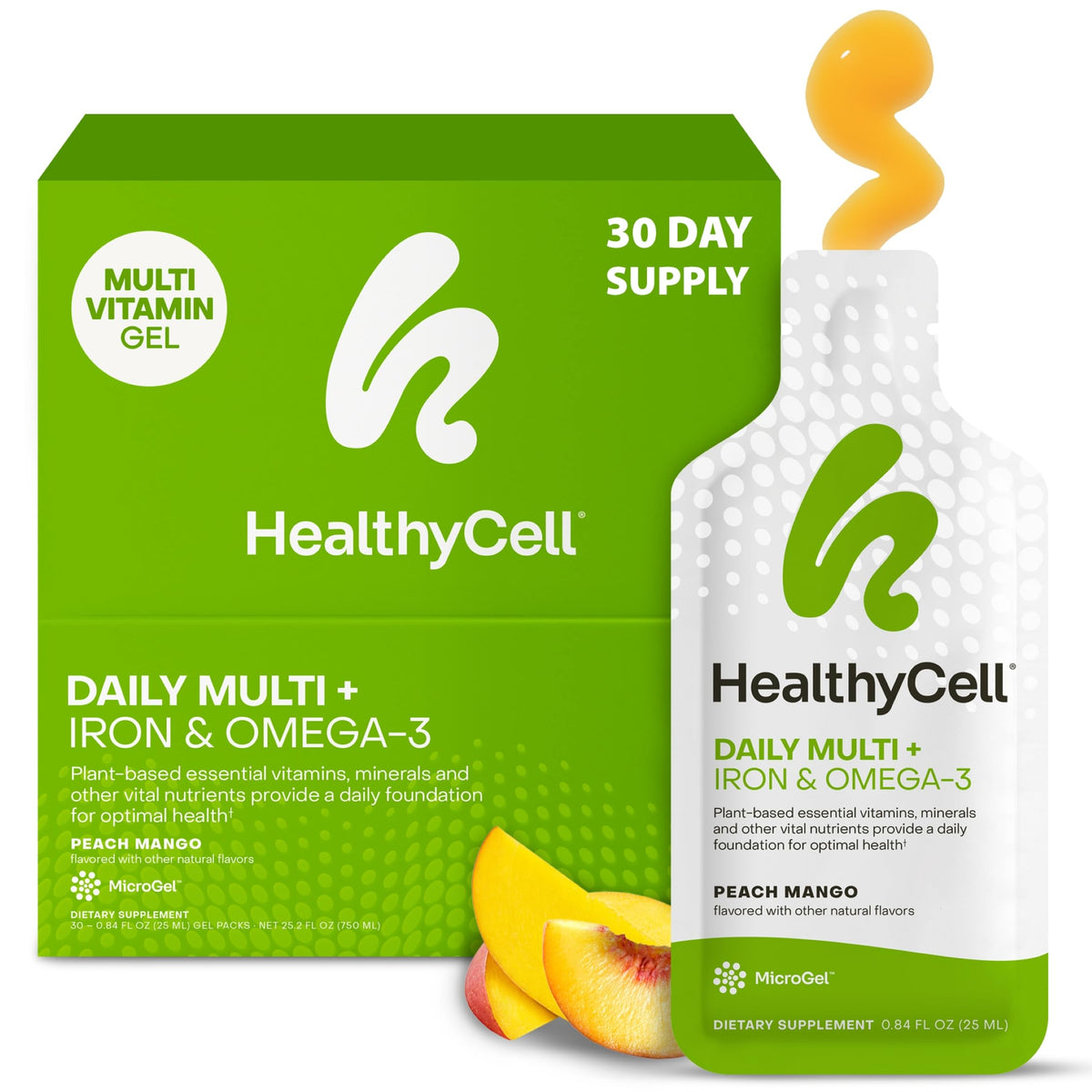 HealthyCell vegan daily multivitamin liquid bottle pour supports on-the-go nutrition