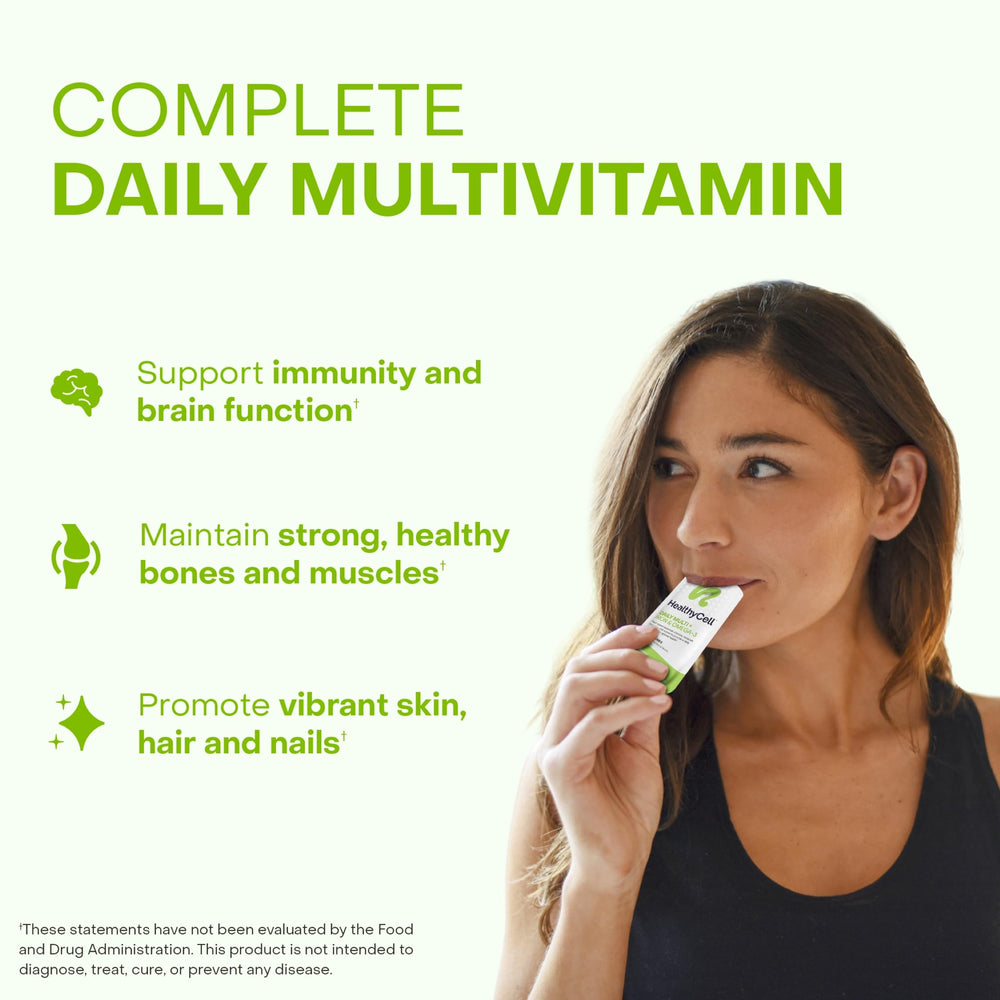 HealthyCell vegan daily multivitamin liquid gel-pack close-up highlights MicroGel