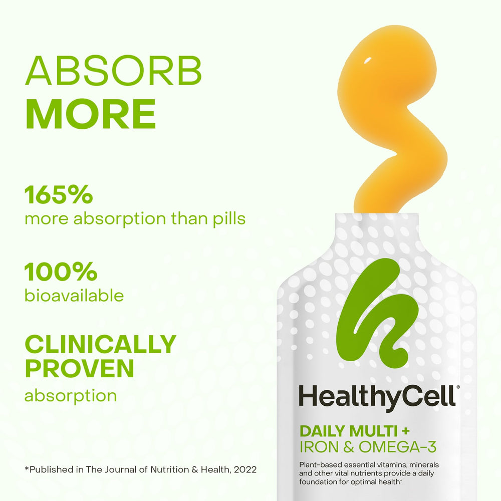 HealthyCell vegan daily multivitamin liquid splash into a glass boosts energy