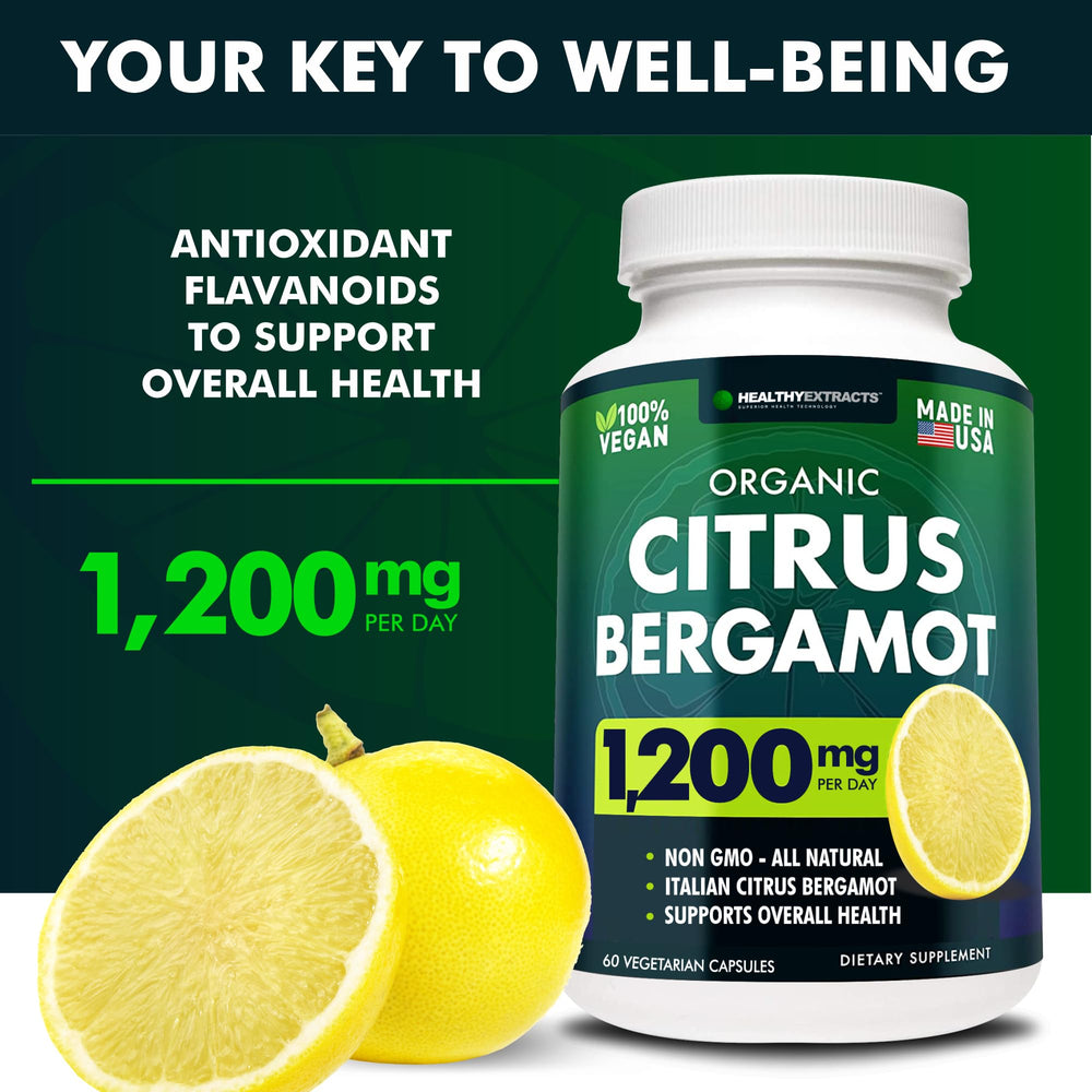 Healthy Extracts Citrus Bergamot capsules closeup highlighting 80% polyphenols for antioxidant support