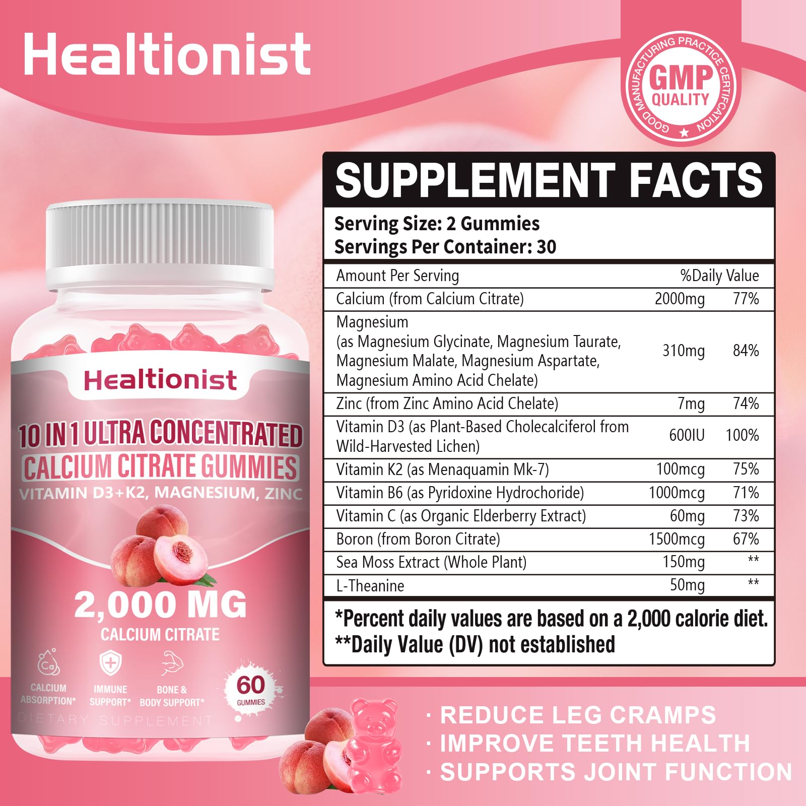 Healtionist 2-Pack peach flavor gummies close-up for tasty daily intake