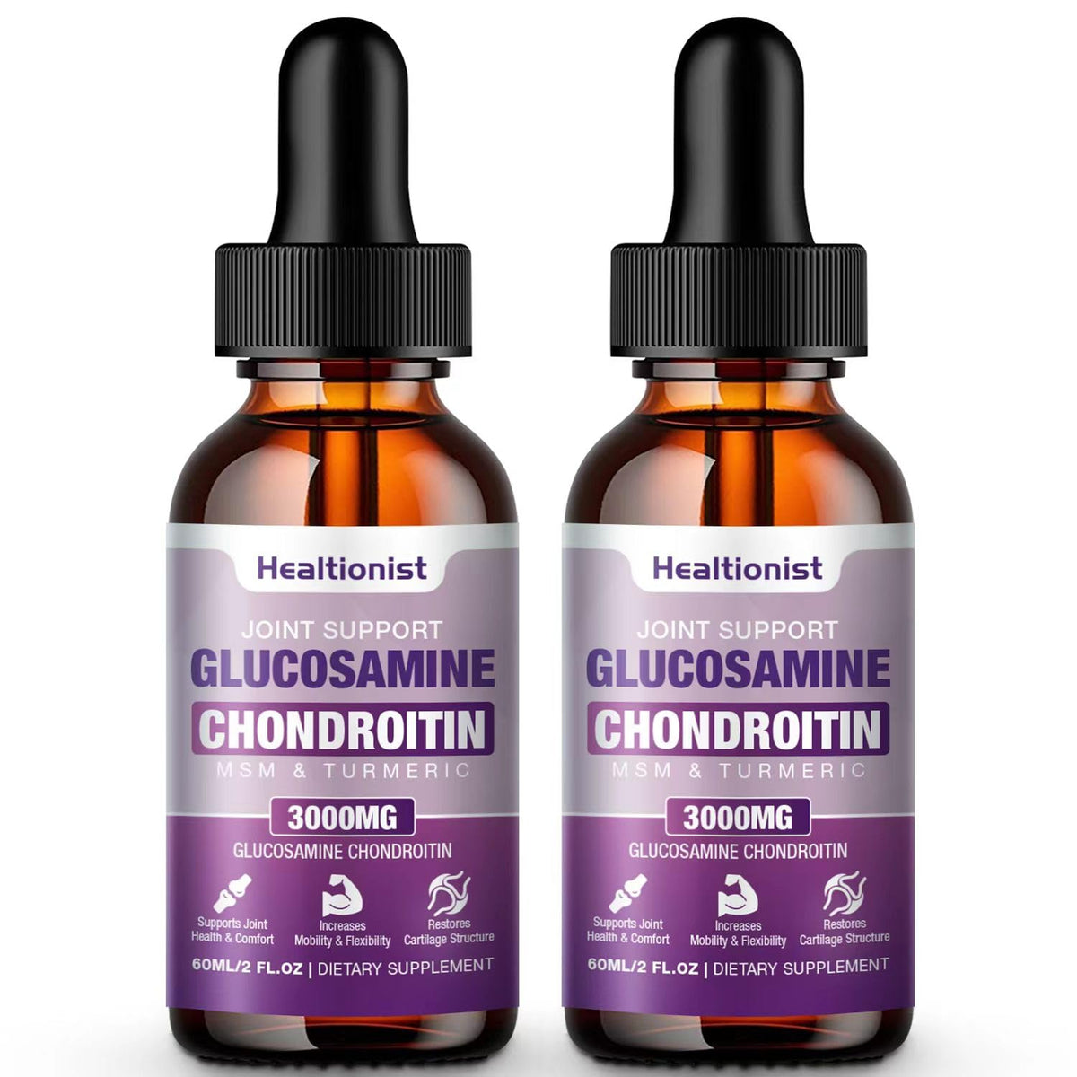 Healtionist 2 pack bottle of glucosamine chondroitin liquid drops for daily joint support