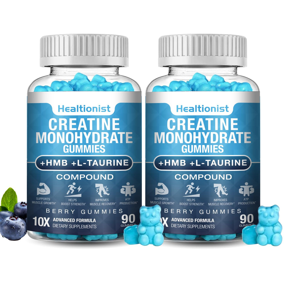 Healtionist Creatine HMB gummies bottle front supports workout energy