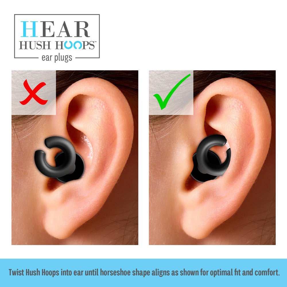 HEAR HUSH HOOPS horseshoe design provides secure, pressure-free fit.