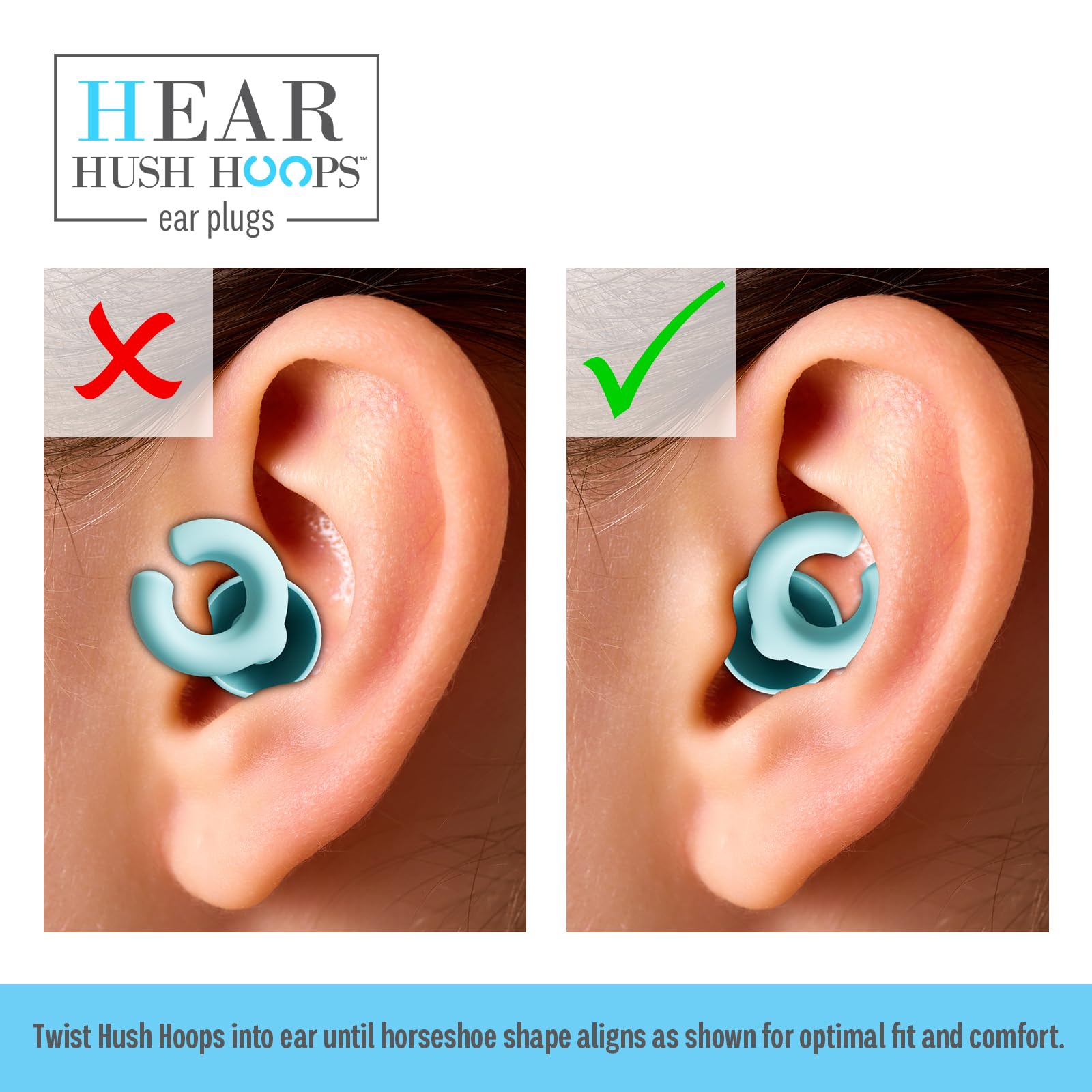 HEAR HUSH HOOPS ear plugs with horseshoe design for secure wear