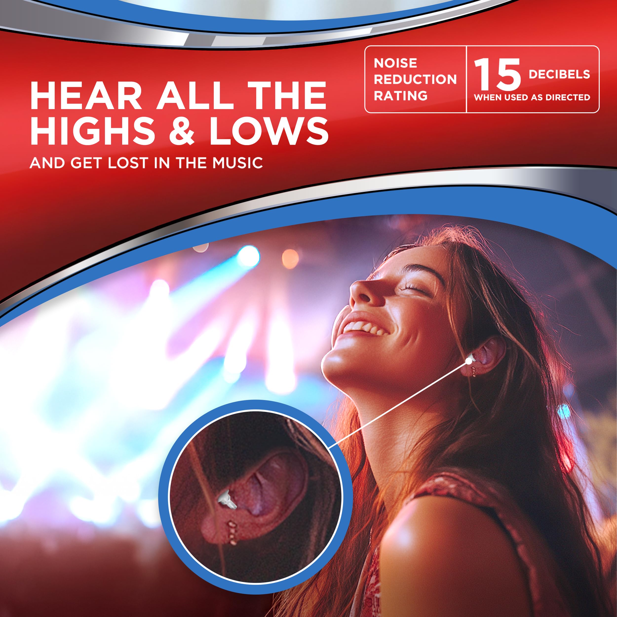 Hearos ear plugs ergonomic fit close-up highlights comfortable seal for long concerts.