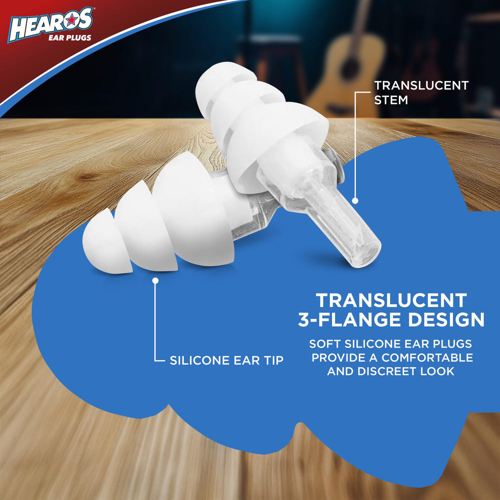 Hearos ear plugs translucent silicone design shows nearly invisible appearance during performances.