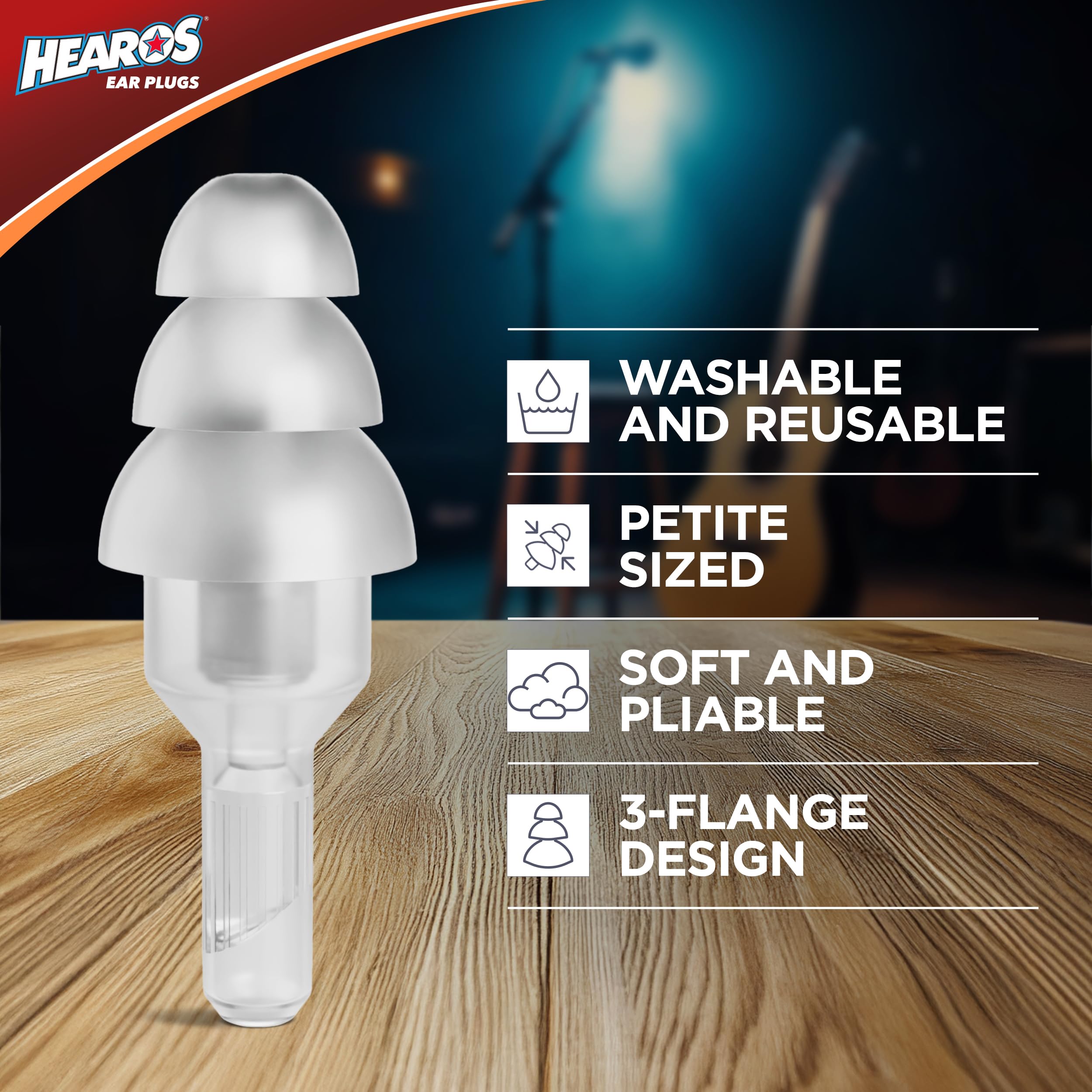 Hearos High Fidelity ear plugs transparent stems blend with skin for invisibility.