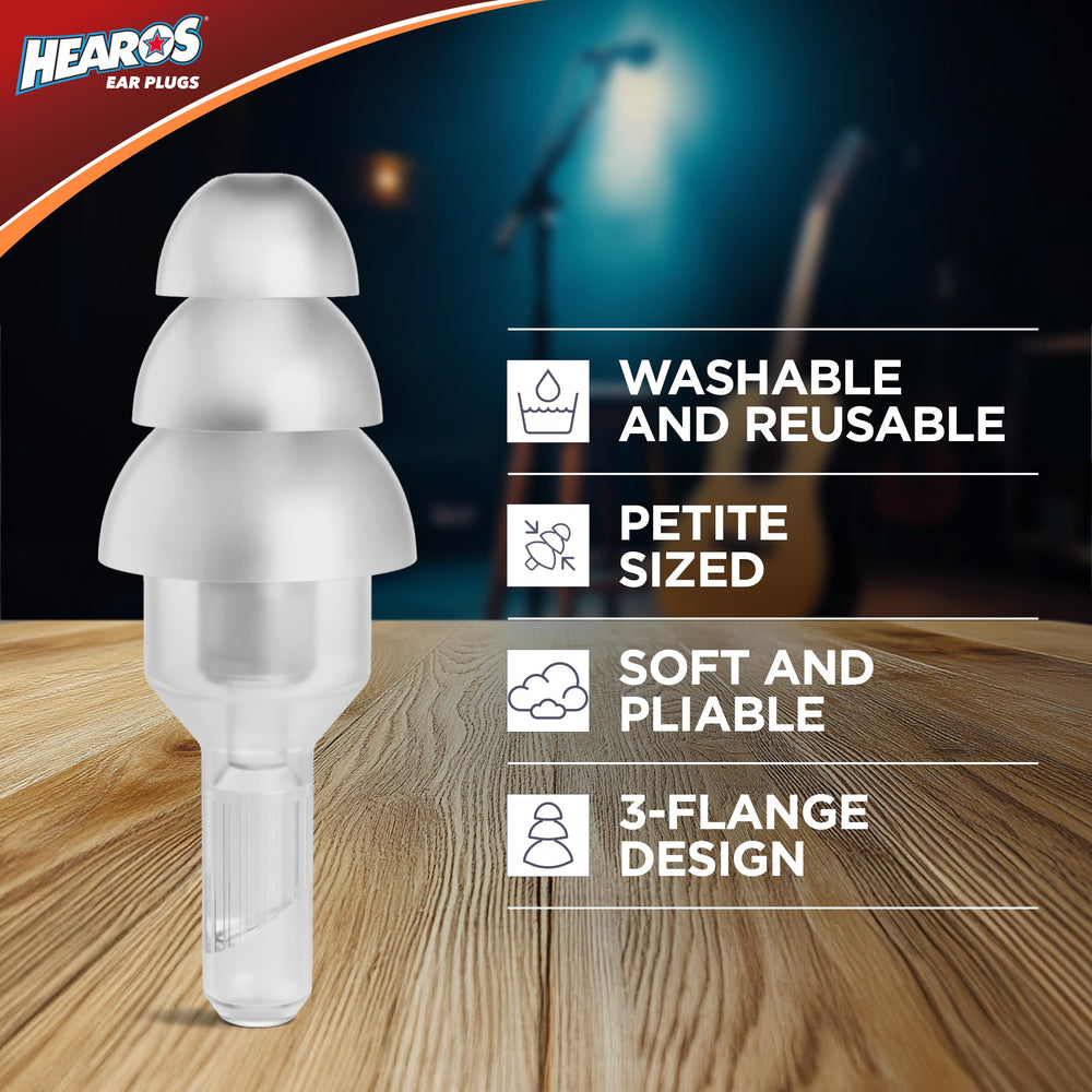 Hearos High Fidelity ear plugs transparent stems blend with skin for invisibility.