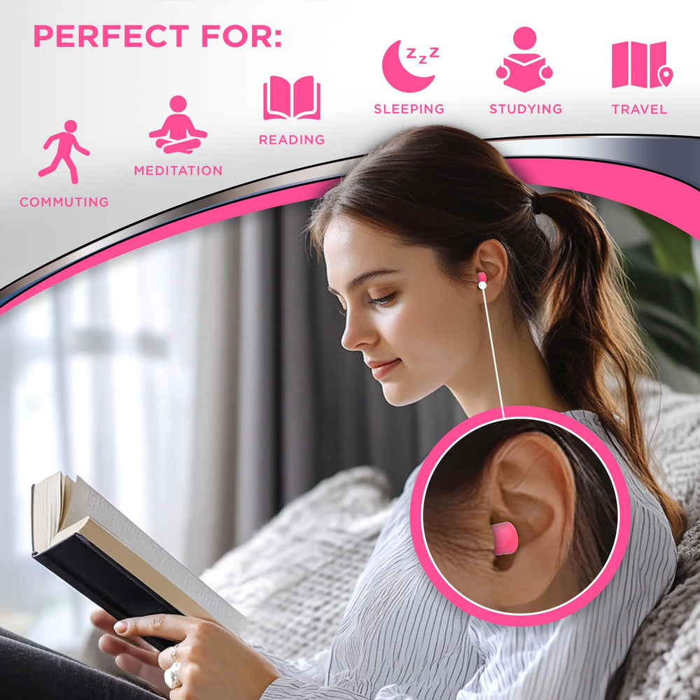 Hearos neon pink ear plugs in use, ideal for travel or study.