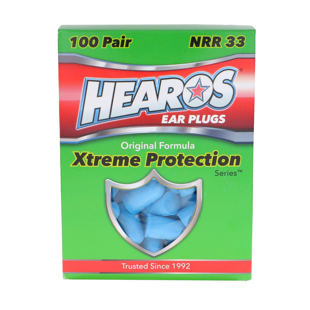Hearos Xtreme foam earplugs packaging on display, delivering reliable hearing protection for loud environments.