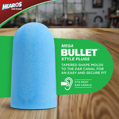 Hearos Xtreme foam earplugs tapered design promotes secure seal for better comfort.