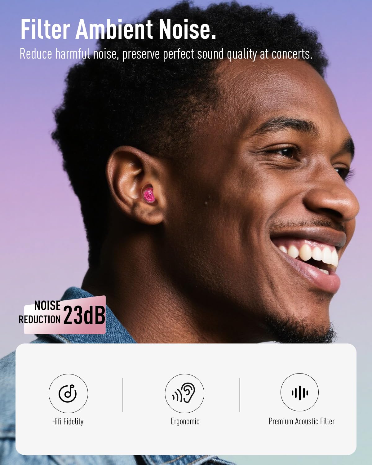 Hearprotek 23db noise reduction helps protect hearing at concerts and festivals.