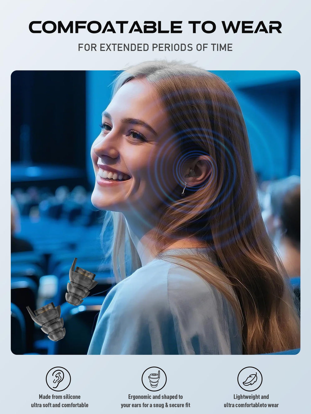 Hearprotek 3-flanged silicone design ensures comfortable fit during long events.