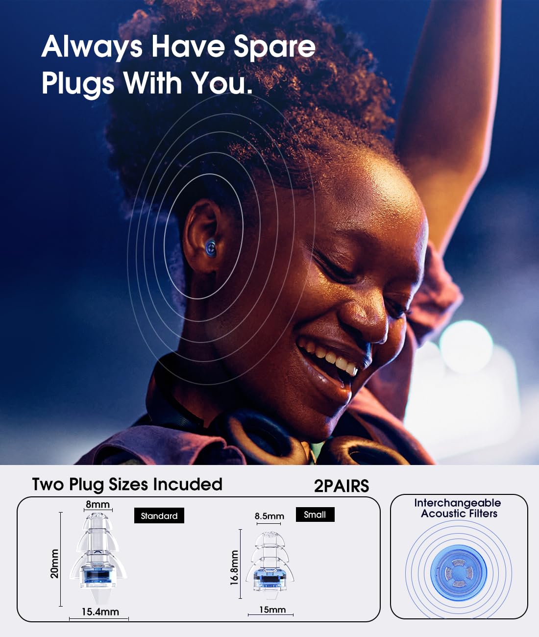 Hearprotek ear plugs in ear comfort for extended concerts without fatigue.