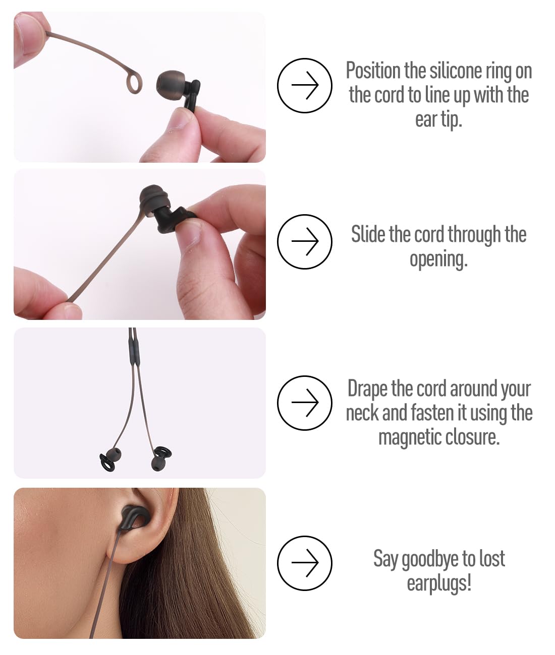 Hearprotek lanyard demonstrates O-shaped compatibility for various ear plugs.
