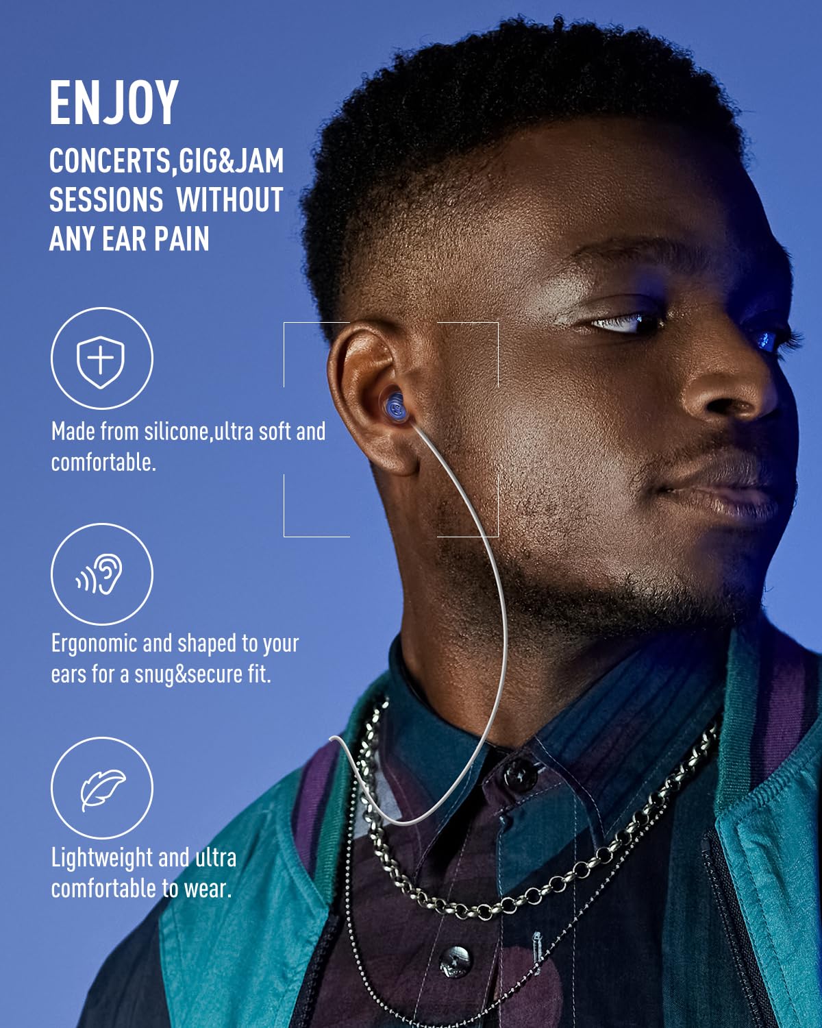 Ergonomic silicone design follows the ear canal for all-day comfort.