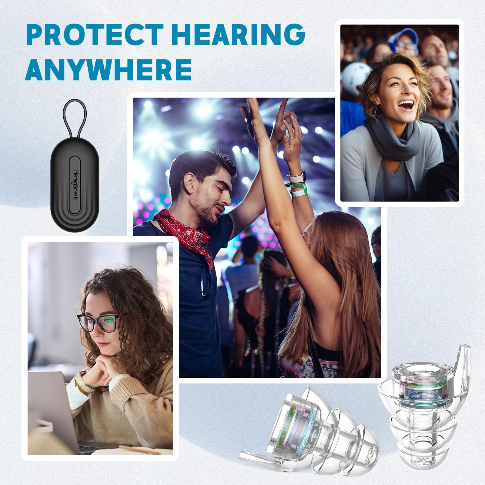 A concert goer uses Hearprotek Hi-Fi Spirit earplugs for clearer conversations.
