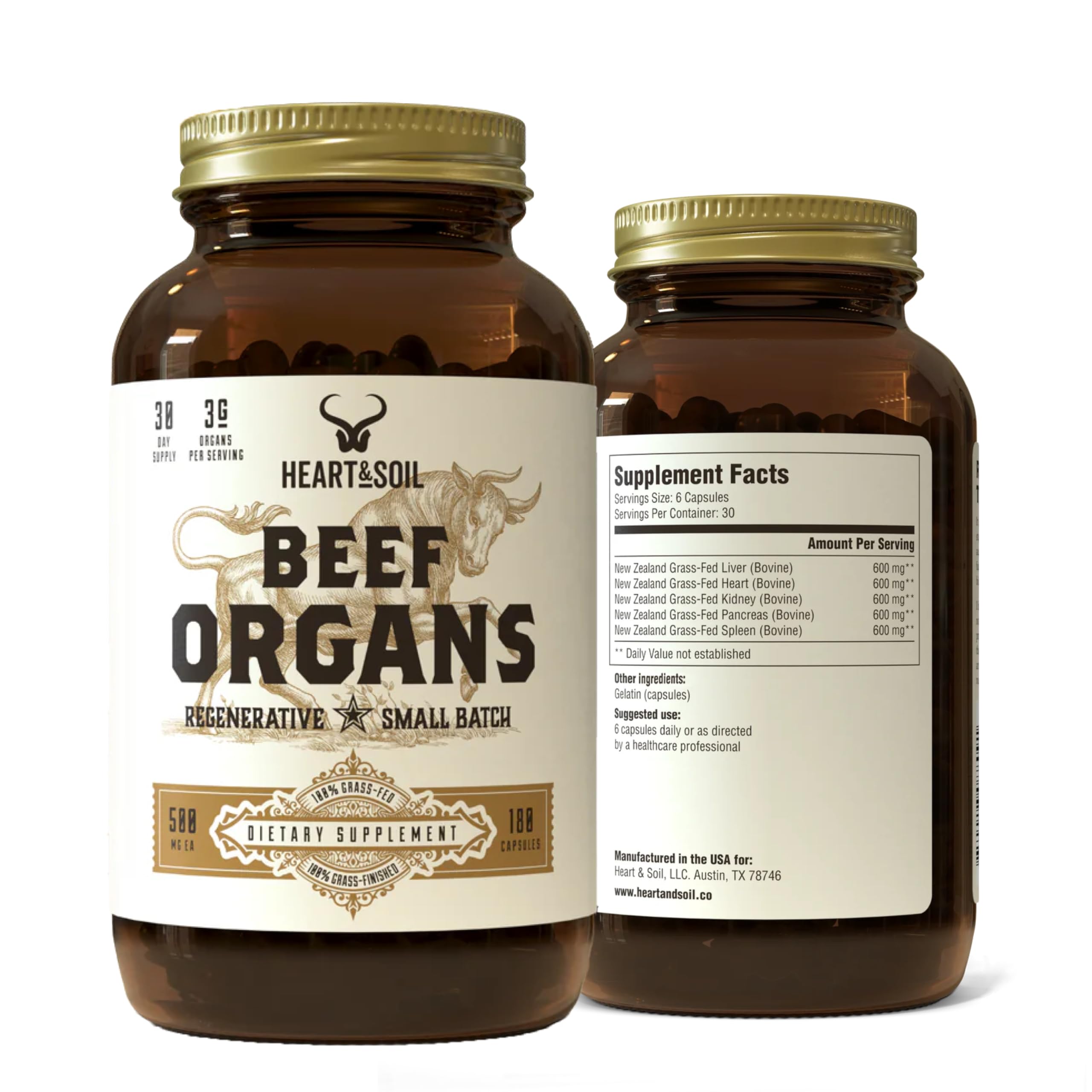 HEART & SOIL beef organ liver bottle promotes daily wellness with organ-rich formula.