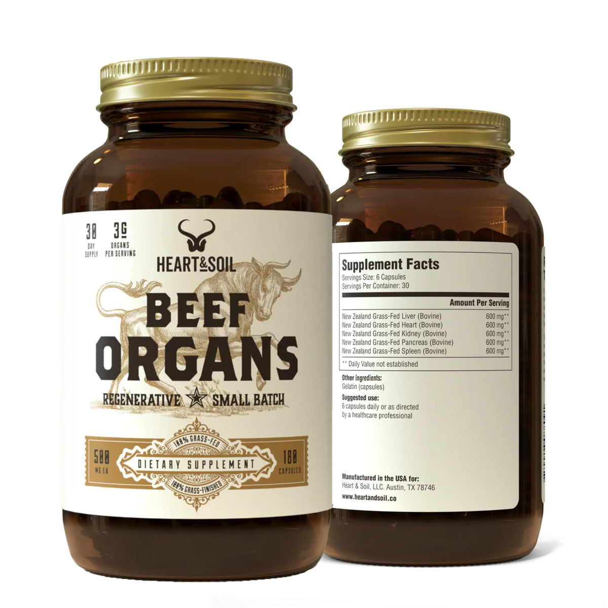 HEART & SOIL beef organ liver bottle promotes daily wellness with organ-rich formula.