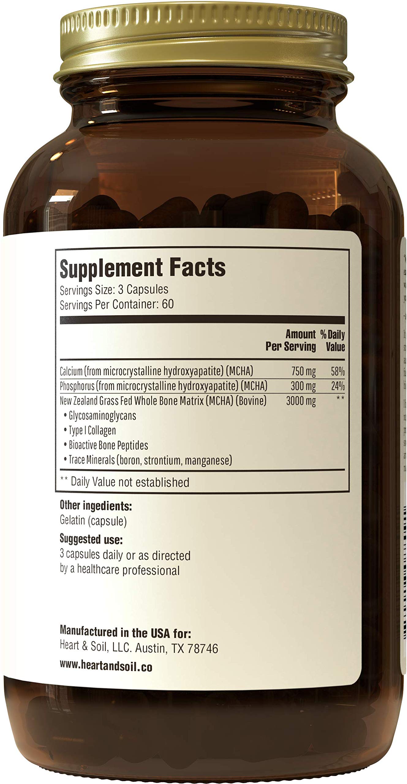 Heart & Soil Bone Matrix capsules close-up ready for daily mobility support.