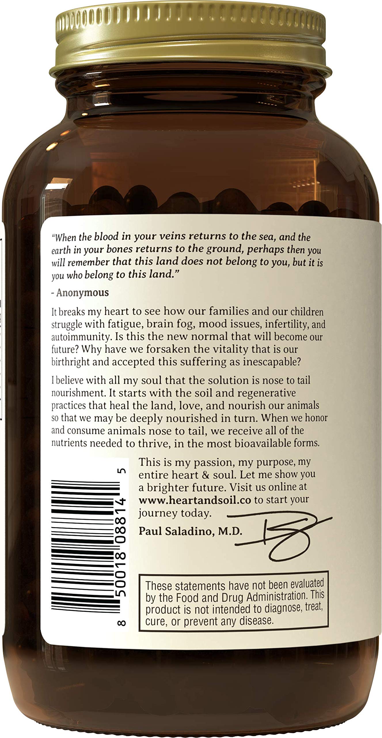 Heart & Soil Bone Matrix label highlights grass-fed regenerative sourcing.