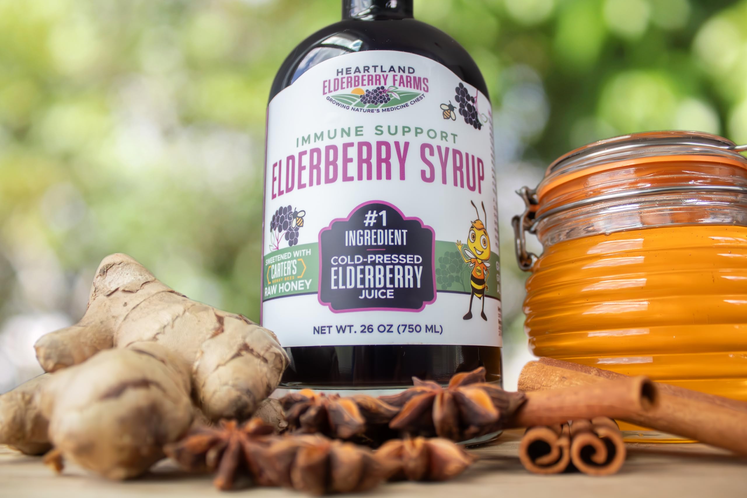 Heartland Organic Elderberry Syrup label highlights Midwest-grown elderberries.
