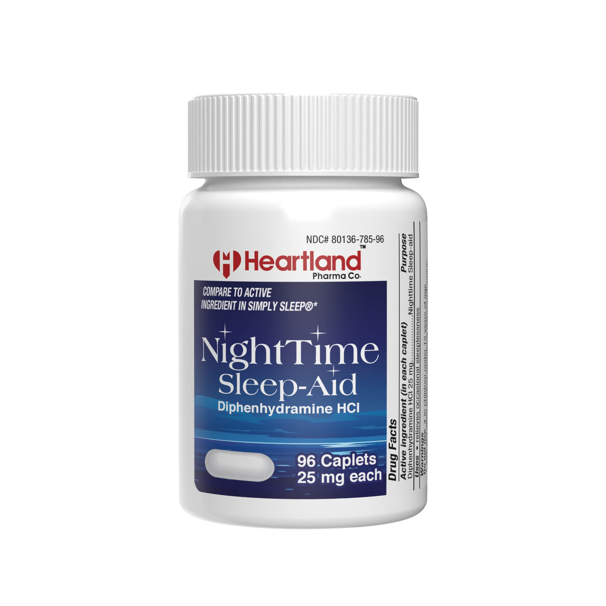 Heartland Pharma Diphenhydramine 25mg bottle label for occasional sleep relief.