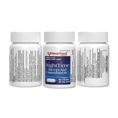 Heartland Pharma Diphenhydramine caplets close-up for quick sleep support.