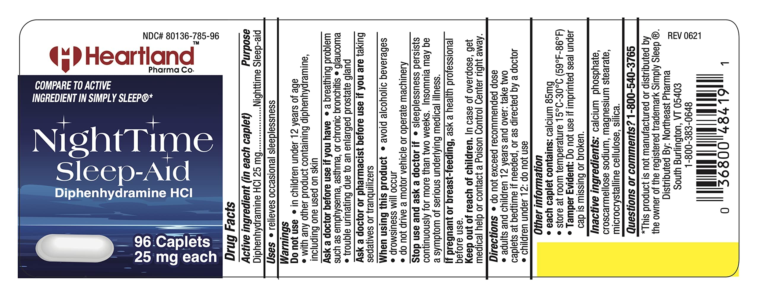 Heartland Pharma Diphenhydramine 25mg on nightstand suggesting easy nightly use.