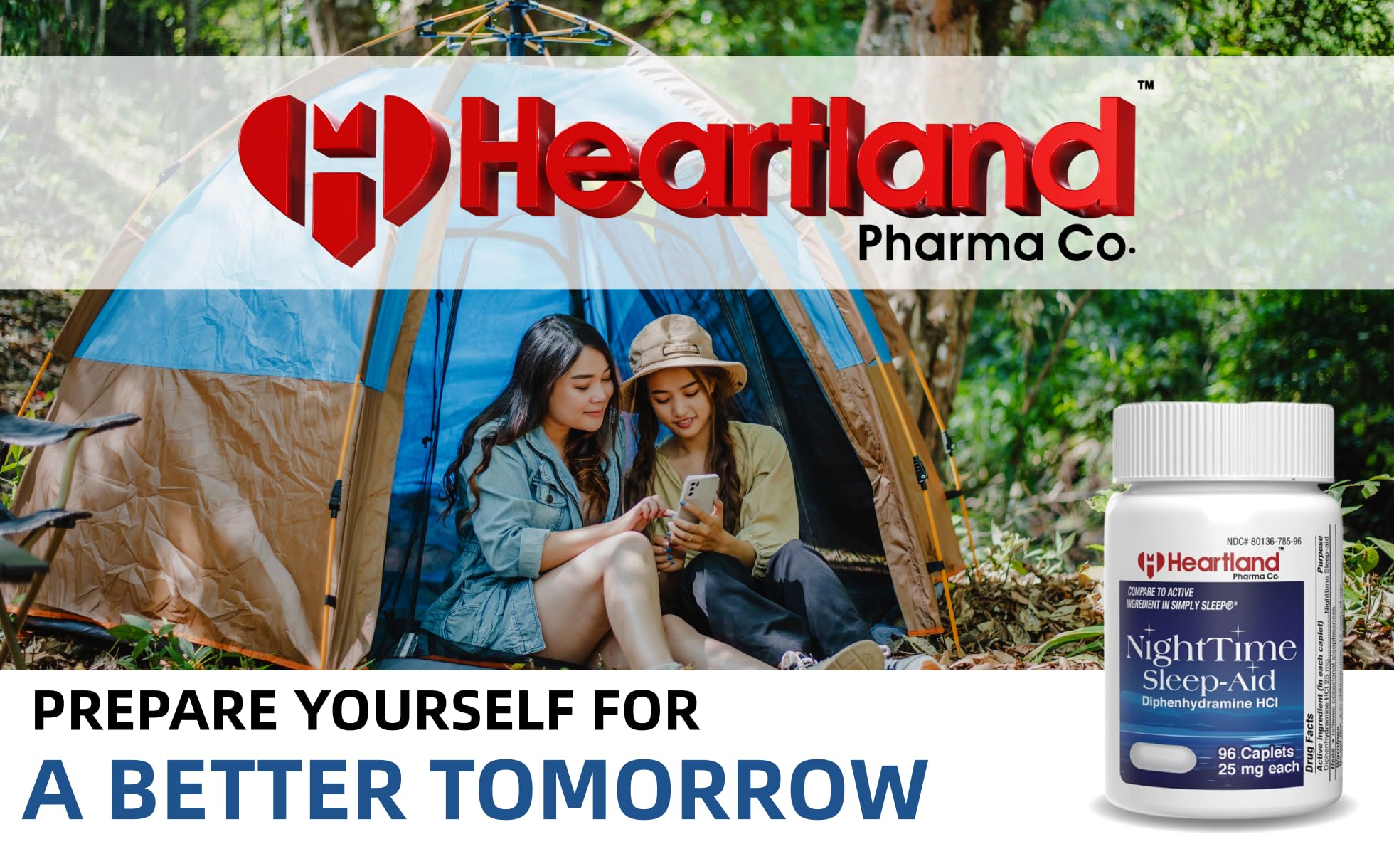 Heartland Pharma Diphenhydramine dosing graphic for occasional sleeplessness guidance.