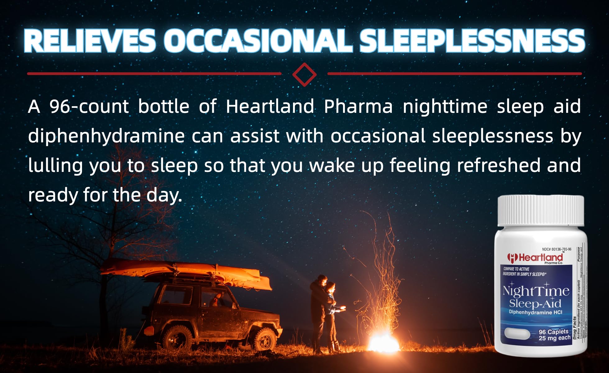 Heartland Pharma Diphenhydramine packaging front showing 96-count value.