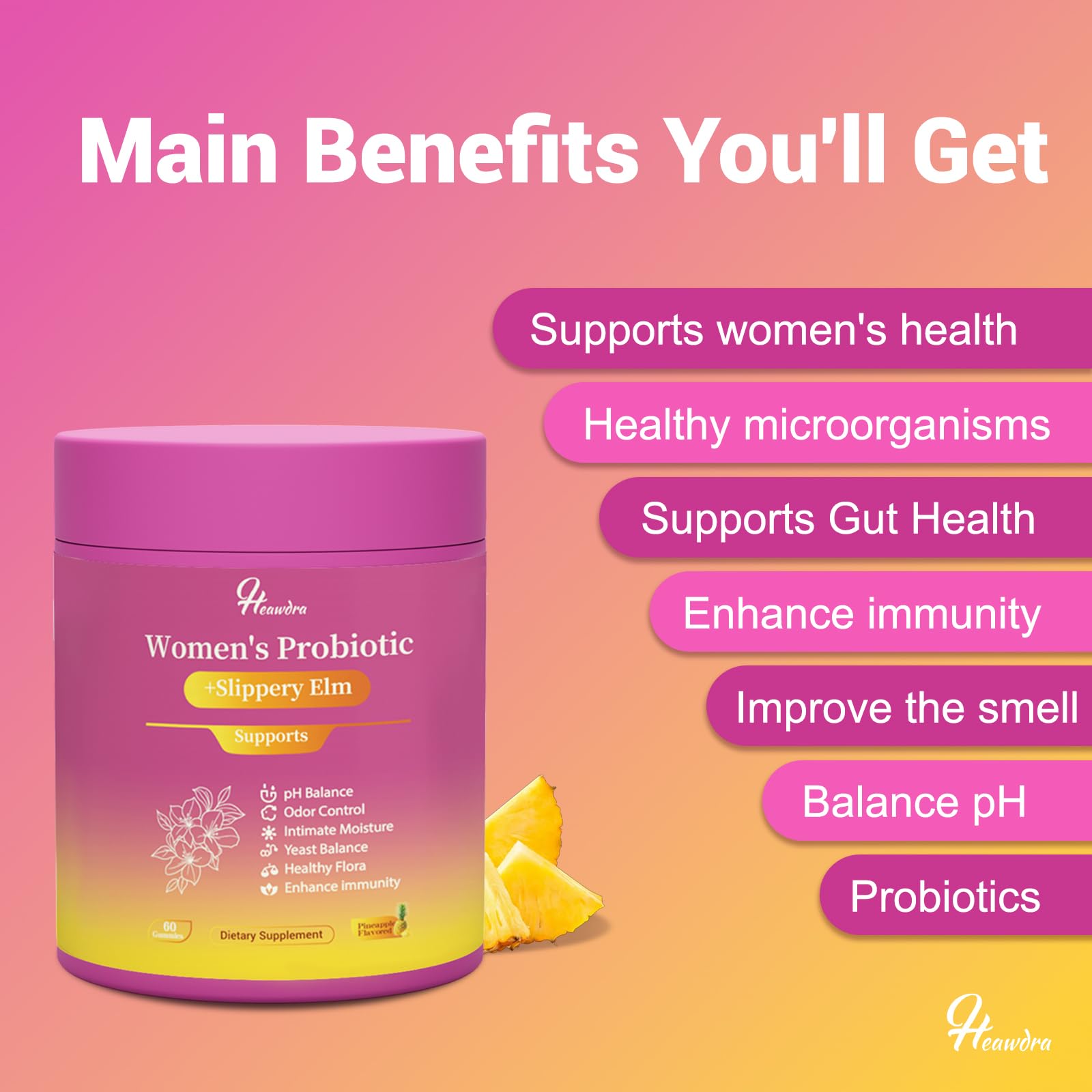 Heawdra Her Juicy pineapple gummies showcase tasty daily probiotic support.