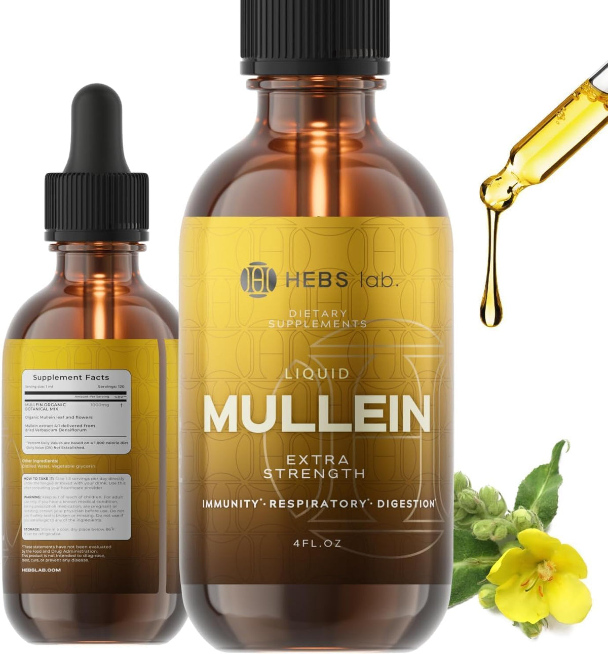 HEBS LAB Mullein Leaf Extract bottle for daily respiratory support and wellness.