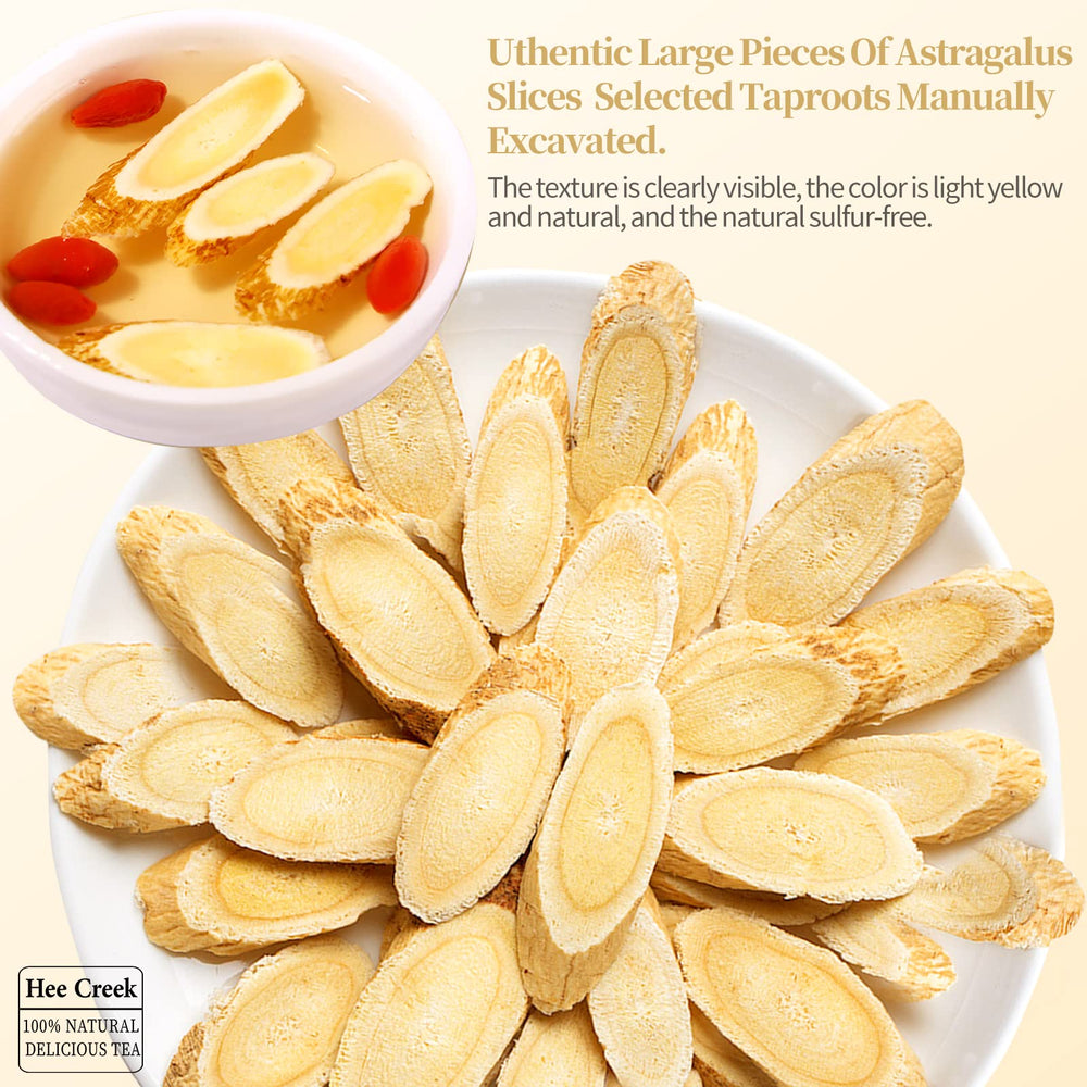 Hee Creek astragalus root slices, close-up of large pale-yellow slices for tea.