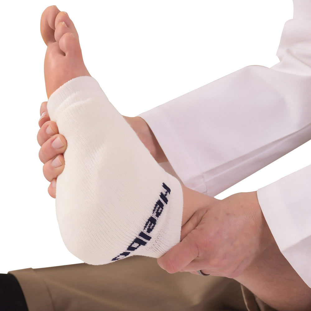 Heelbo protection sleeve side view shows slip-on fit that stays in place without restricting blood flow.