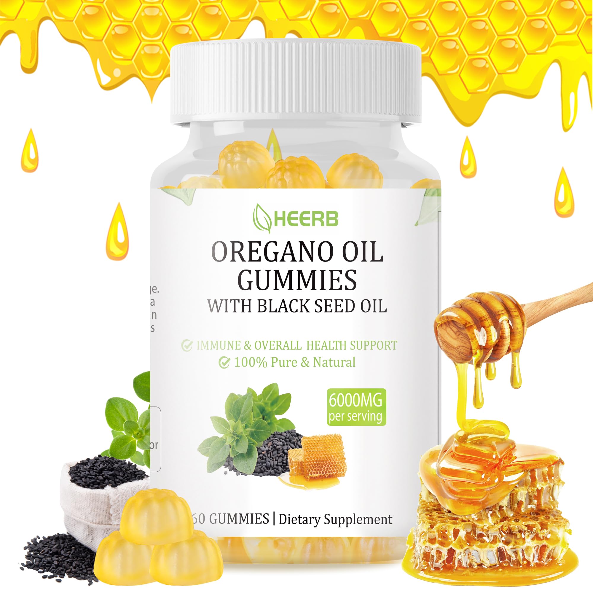 HEERB oregano oil gummies bottle shows 4X potency for daily immune and gut balance.